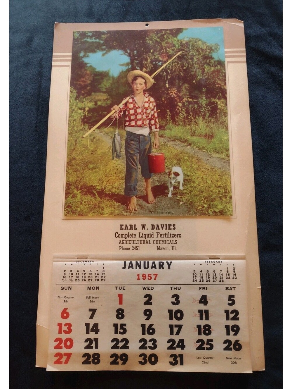 1957 Advertising Calendar Barefoot Boy Farm Mazon Illinois Vintage Complete